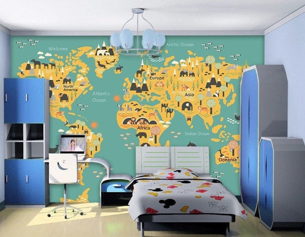 Children World Maps Plants and On The Green Background Wallpaper Animal Bedroom Children Kids Room Mural Home Decor Wall Art