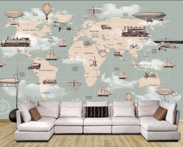 Children Eellipse World Maps Transport Vehicles Wallpaper Animal Bedroom Children Kids Room Mural Home Decor Wall Art