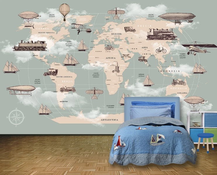 Children Eellipse World Maps Transport Vehicles Wallpaper Animal Bedroom Children Kids Room Mural Home Decor Wall Art