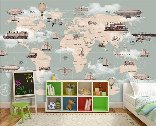 Children Eellipse World Maps Transport Vehicles Wallpaper Animal Bedroom Children Kids Room Mural Home Decor Wall Art