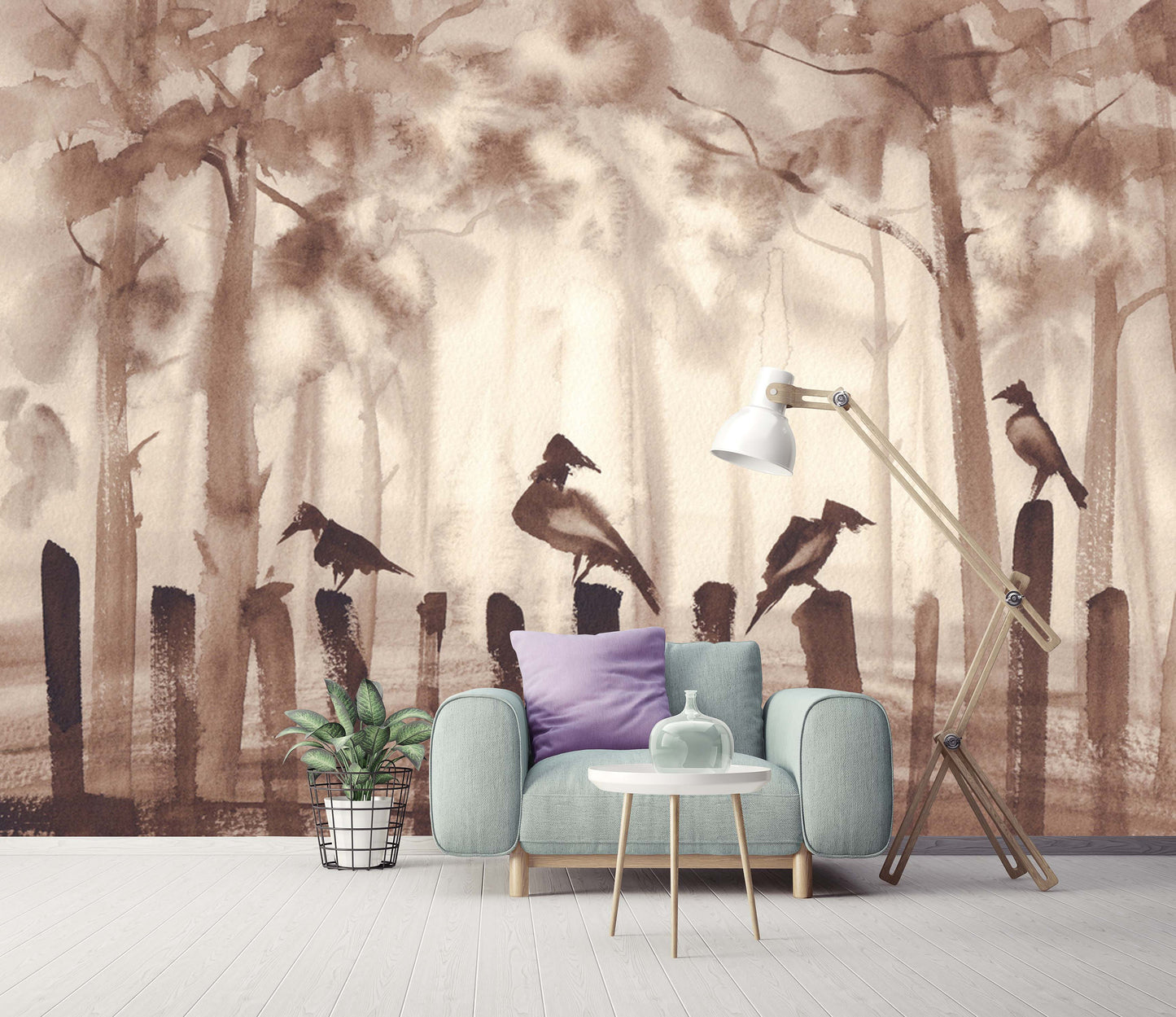 Watercolor Misty Forest and Birds Wallpaper Cafe Restaurant Decoration Living Room Bedroom Wall Covering Mural Home Decor Art
