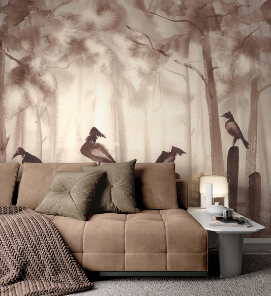 Watercolor Misty Forest and Birds Wallpaper Cafe Restaurant Decoration Living Room Bedroom Wall Covering Mural Home Decor Art