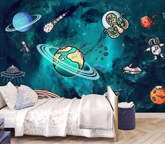 Planets Spacecraft Alien Astronaut Dark Matter Wallpaper Kids Room Children Mural Home Decor Wall Art Removable