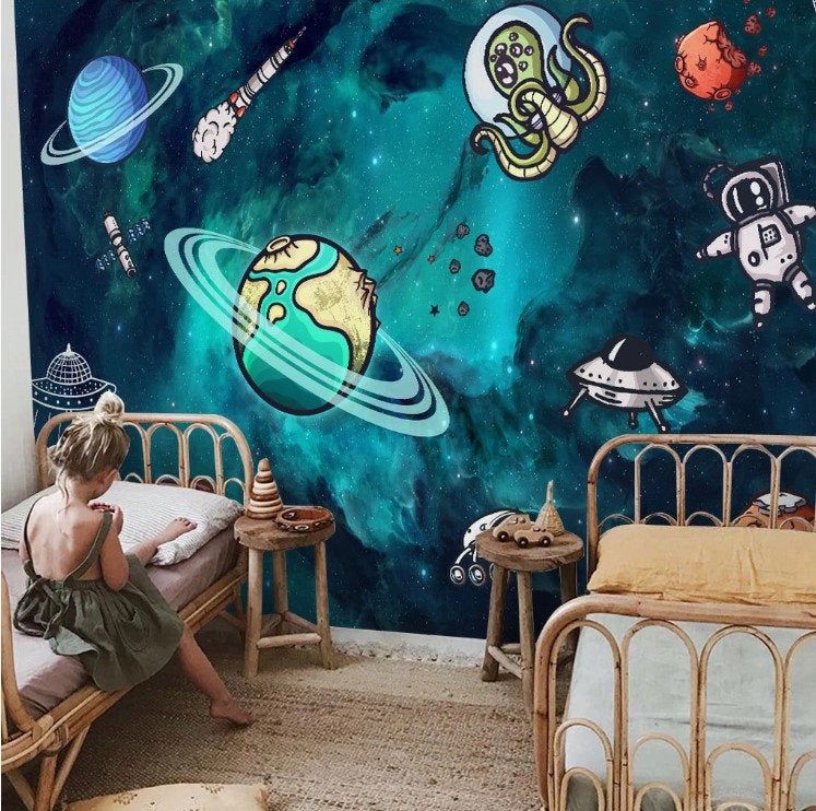 Planets Spacecraft Alien Astronaut Dark Matter Wallpaper Kids Room Children Mural Home Decor Wall Art Removable