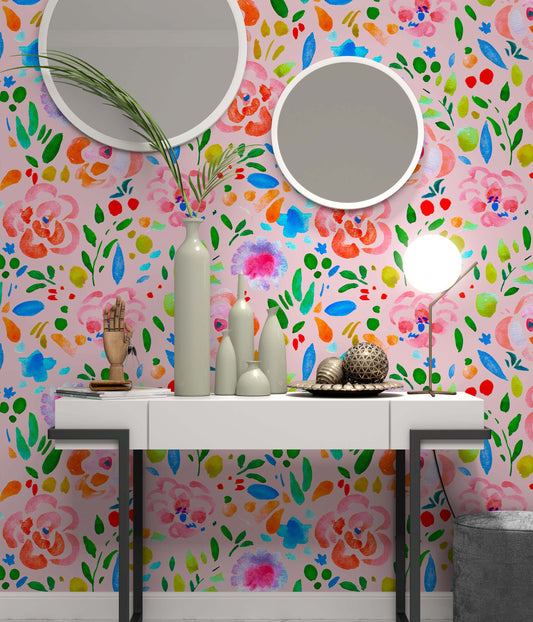 Flowers Watercolor Colorful Illustration Pattern Floral Wallpaper Living Room Bedroom Office Kids Room Nursery Bathroom Wallcovering