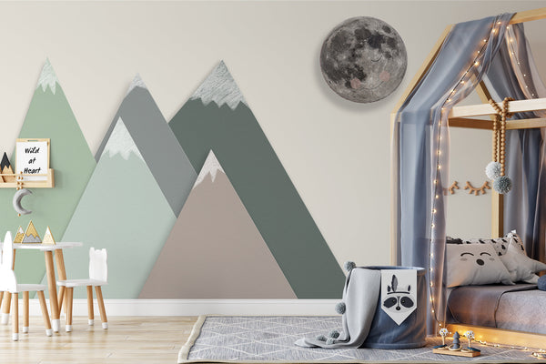 Geometric Snowy Triangle Shape Mountains Realistic Black Gray Full Moon Wallpaper Nursery Children Kids Room Mural Home Decor Wall Art