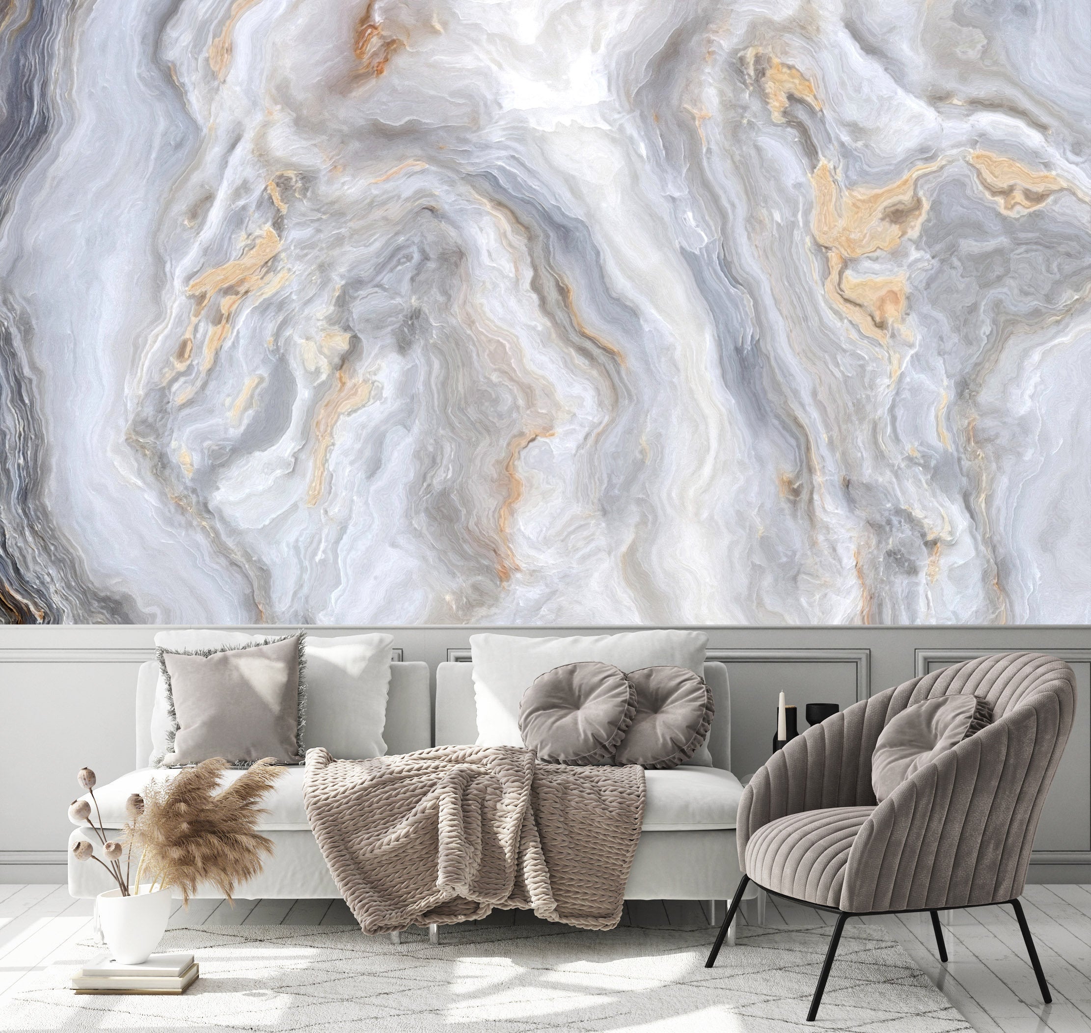 Beautiful Grey Curly Marble Golden Veins Abstract Wallpaper Bathroom Restaurant Bedroom Living Room Cafe Office Mural Home Decor Wall Art