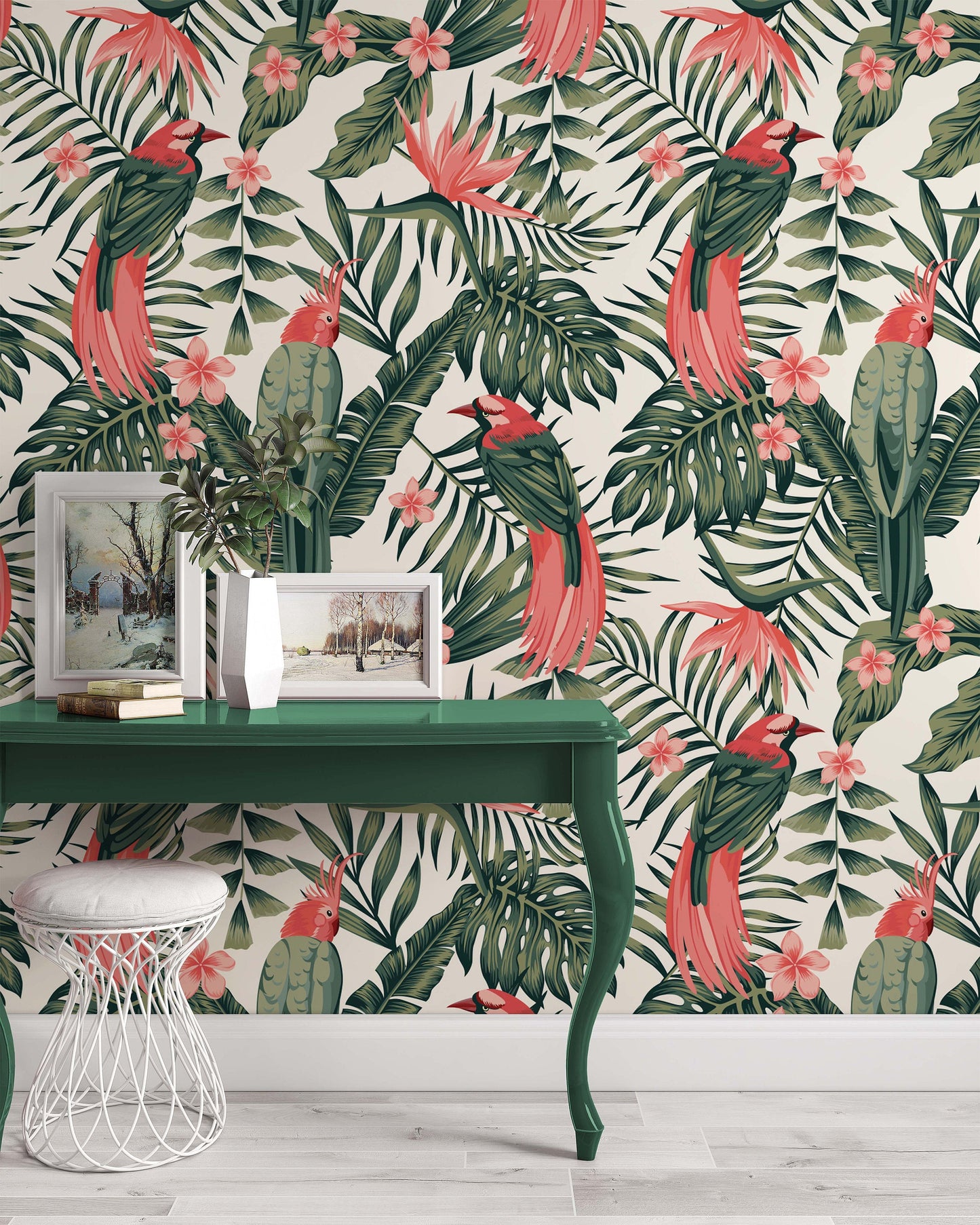 Tropical Leaves Flowers Frangipani Birds Paradise Modern Floral Wallpaper Restaurant Living Room Cafe Office Bedroom Mural Home Wall Art