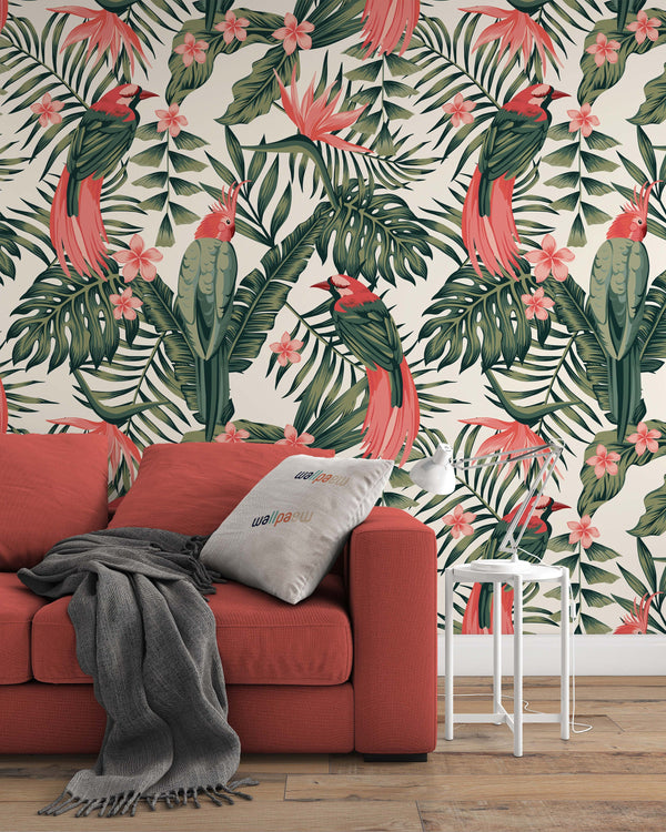 Tropical Leaves Flowers Frangipani Birds Paradise Modern Floral Wallpaper Restaurant Living Room Cafe Office Bedroom Mural Home Wall Art