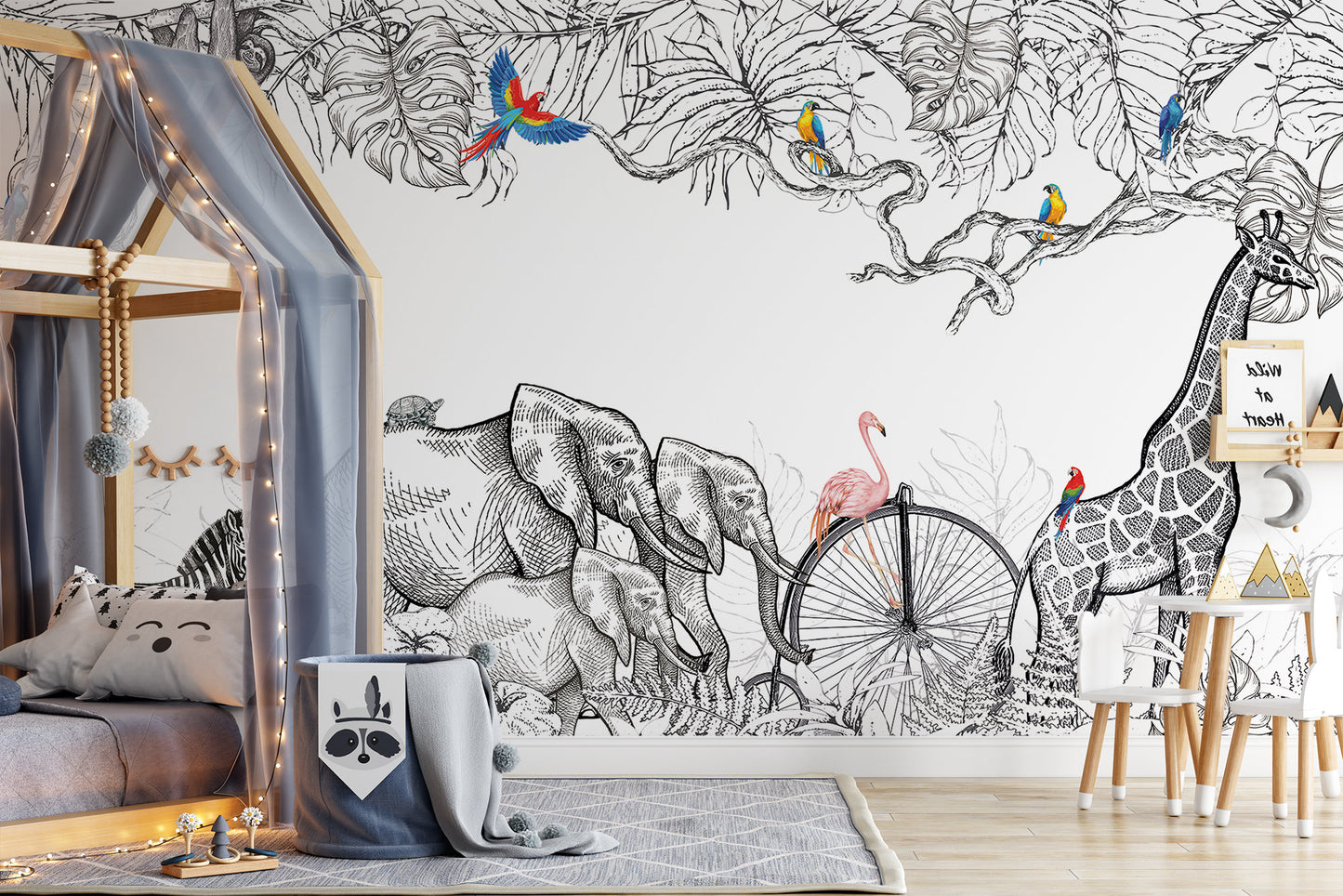 Hand Draw Elephants Trees Leaves and Flamingo Colorful Birds Wallpaper Animal Confused Children Kids Room Nursery Mural Home Decor Wall Art