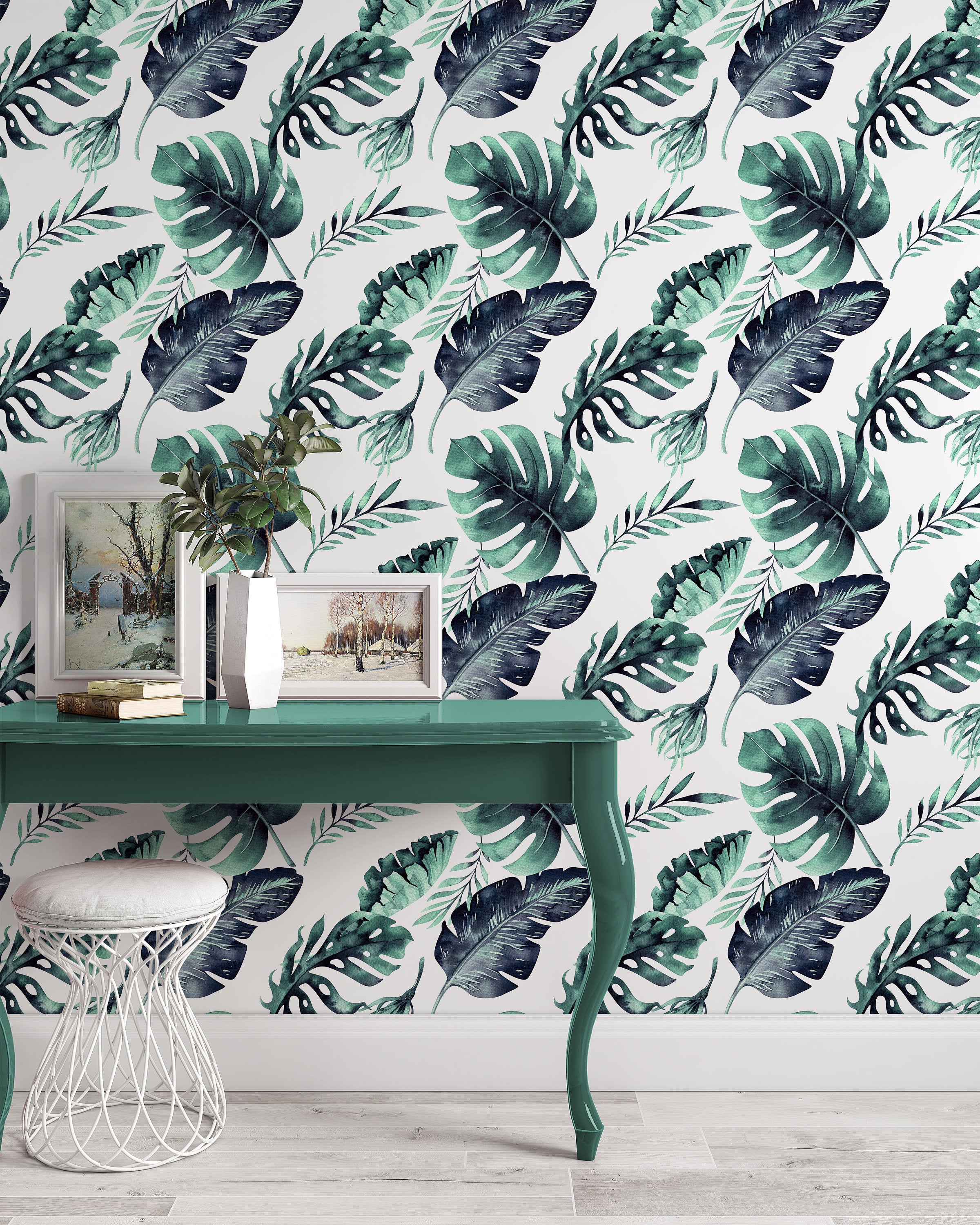 Watercolor Tropical Exotic Leaves Flowers Floral Modern Background Wallpaper Restaurant Living Room Cafe Office Bedroom Mural Home Wall Art