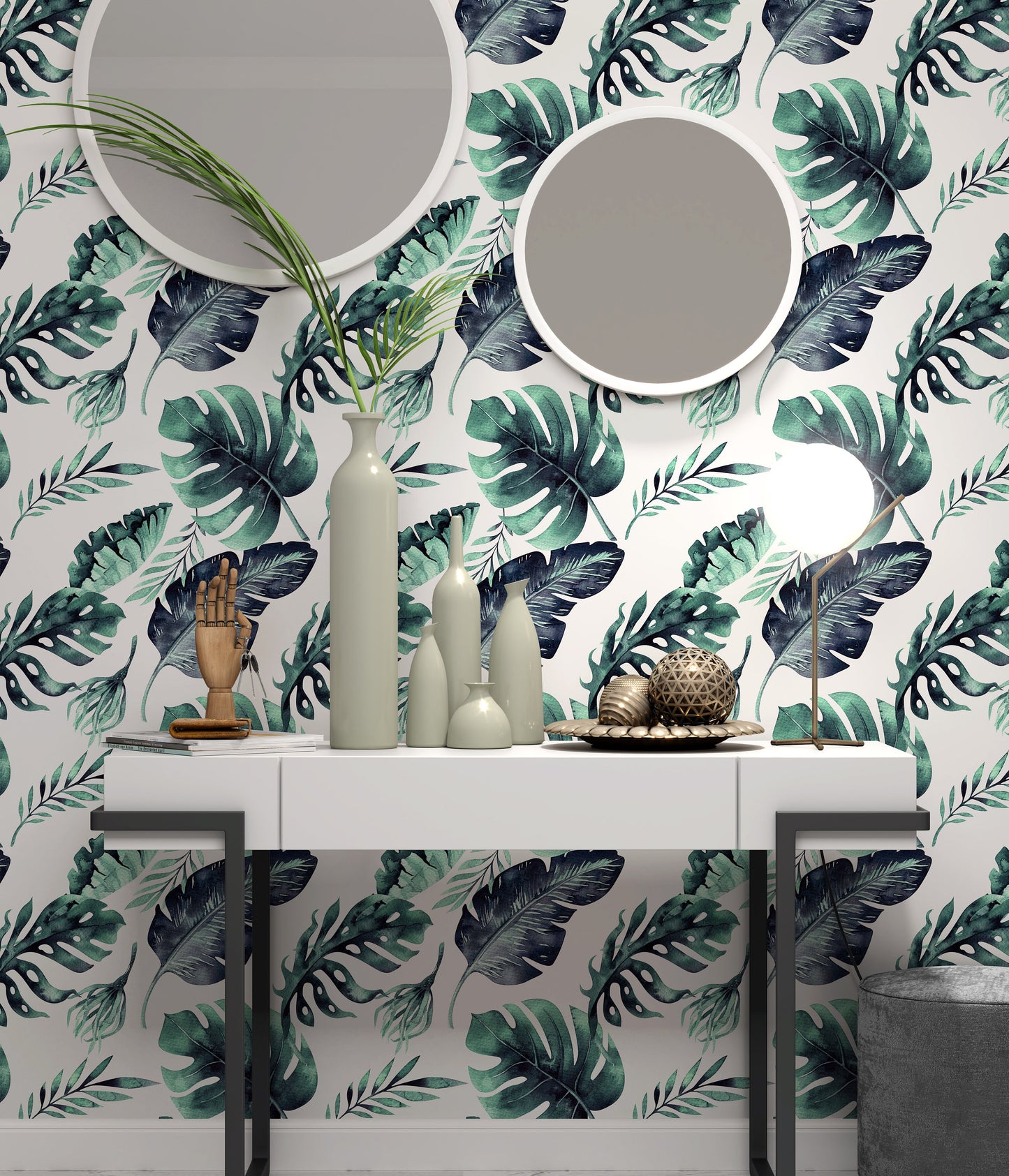 Watercolor Tropical Exotic Leaves Flowers Floral Modern Background Wallpaper Restaurant Living Room Cafe Office Bedroom Mural Home Wall Art