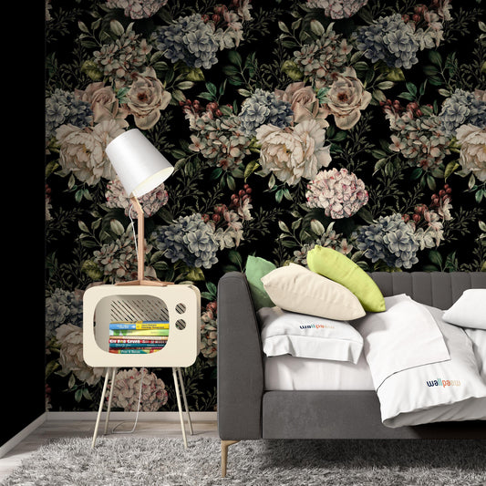 Floral Pattern With Flowers On Dark Background Wallpaper Restaurant Cafe Office Living Room Bedroom Mural Home Wall Art