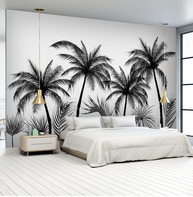 Exotic Palm Trees and Plants Floral Background Wallpaper Restaurant Cafe Office Living Room Bedroom Mural Home Wall Art