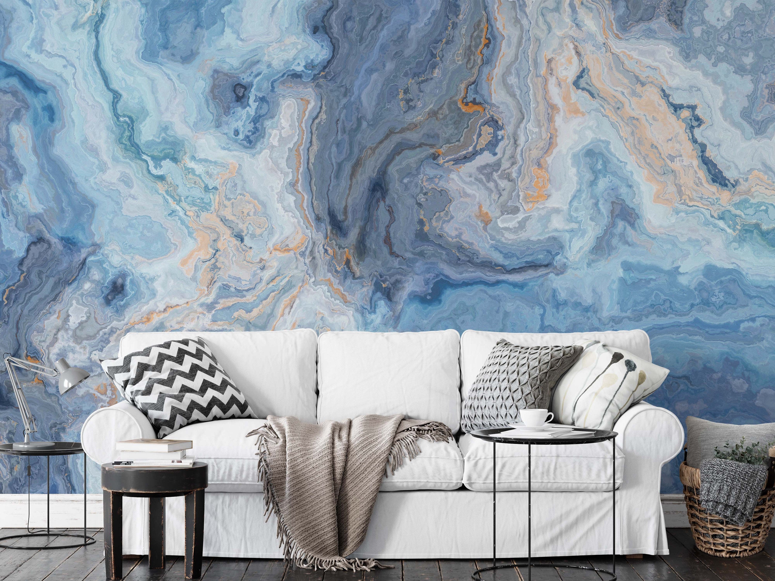 Blue Marble Pattern with Curly Grey and Gold Veins Abstract Wallpaper Mural Home Decor Wall Art Bathroom Bedroom Living Room Cafe Office