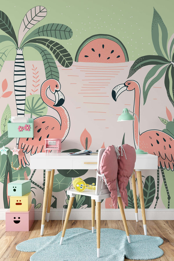 Flamingos Tropical Plants and Trees Background Wallpaper Animal Bedroom Nursery Children Kids Room Mural Home Decor Wall Art