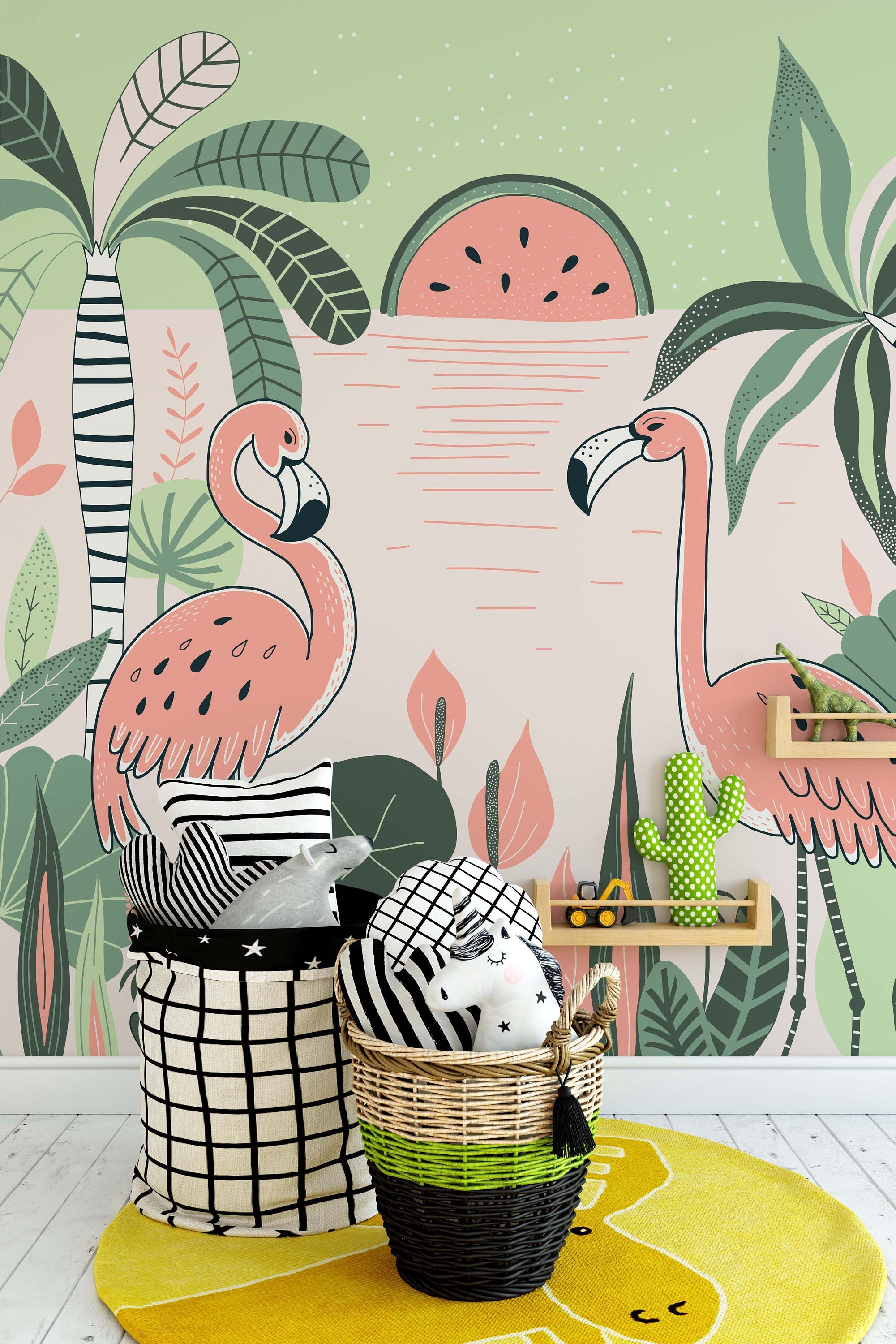 Flamingos Tropical Plants and Trees Background Wallpaper Animal Bedroom Nursery Children Kids Room Mural Home Decor Wall Art
