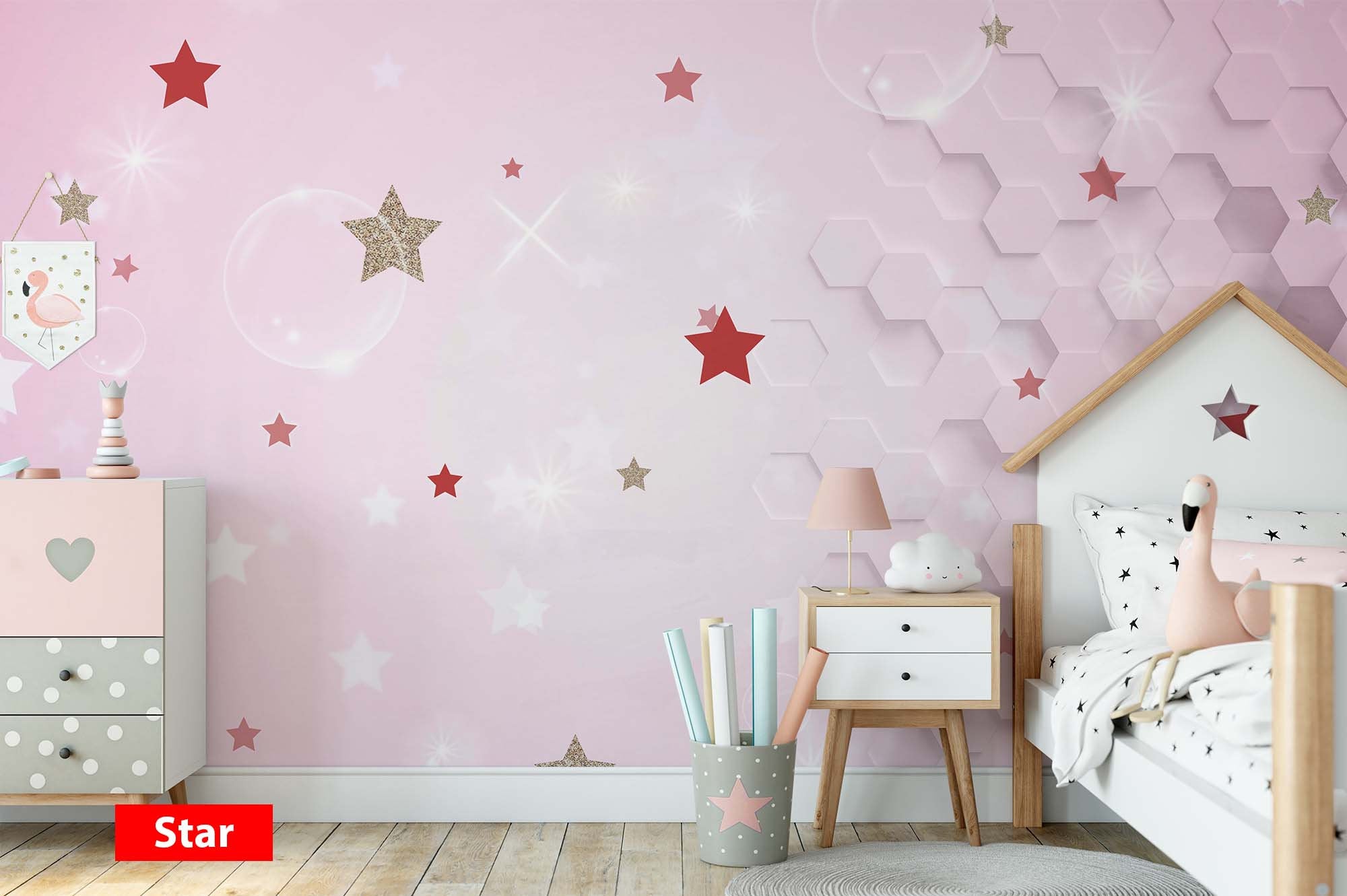 Heart Star Simple Abstract Hexagons Patterns on Pink Background Wallpaper Children Kids Room Bedroom Mural Home Decor Wall Art