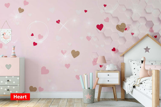 Heart Star Simple Abstract Hexagons Patterns on Pink Background Wallpaper Children Kids Room Bedroom Mural Home Decor Wall Art