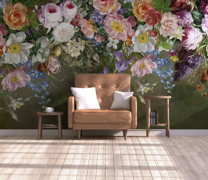 Colorful Garden Flowers On Dark Background Wallpaper Restaurant Cafe Office Living Room Bedroom Mural Home Wall Art