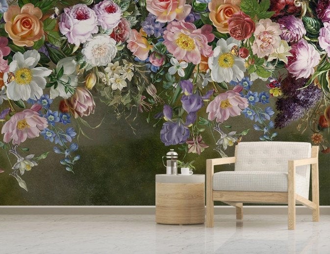 Colorful Garden Flowers On Dark Background Wallpaper Restaurant Cafe Office Living Room Bedroom Mural Home Wall Art