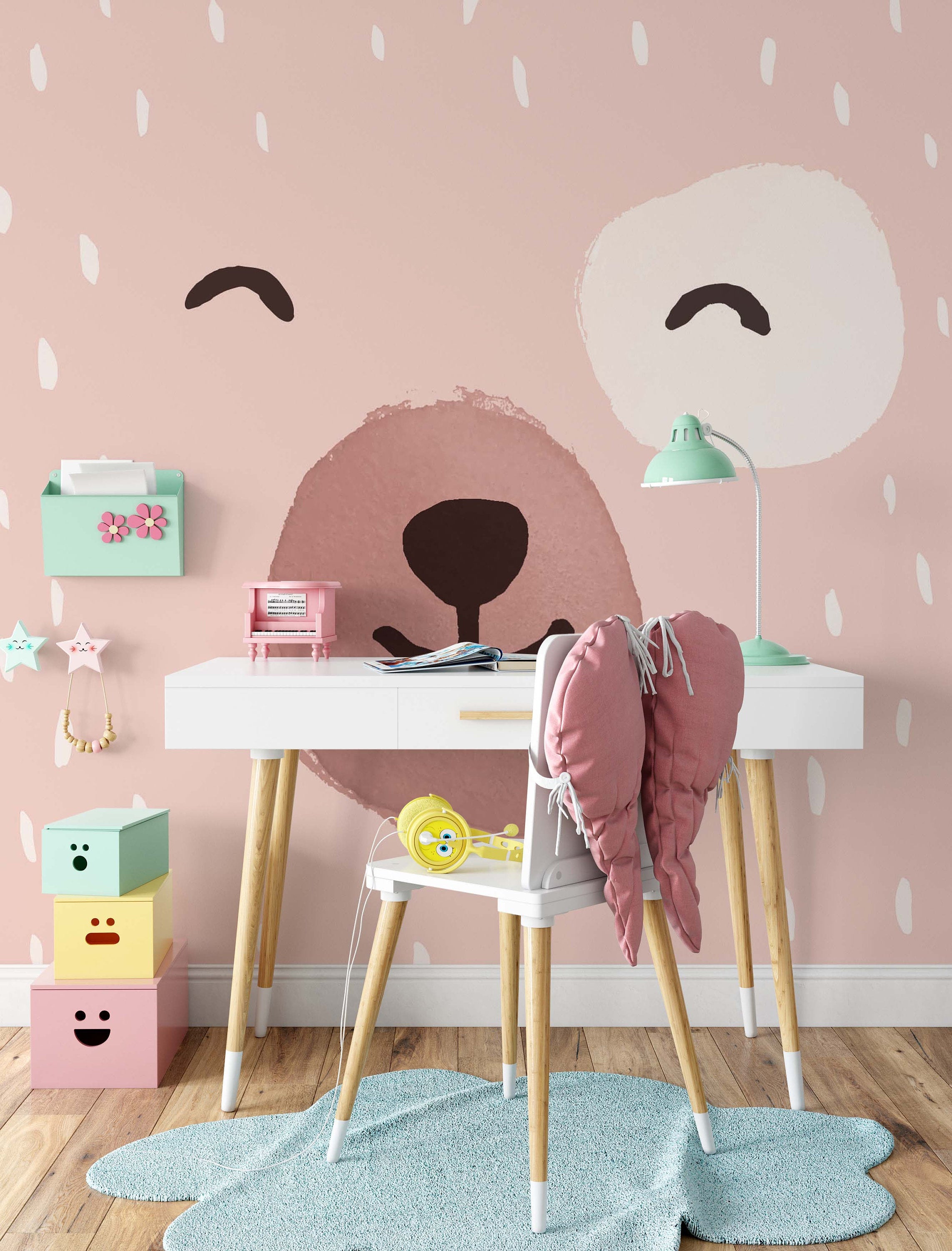 Cute Pink And Blue Bear Animal Wallpaper Children Kids Room Bedroom Mural Home Decor Wall Art Removable