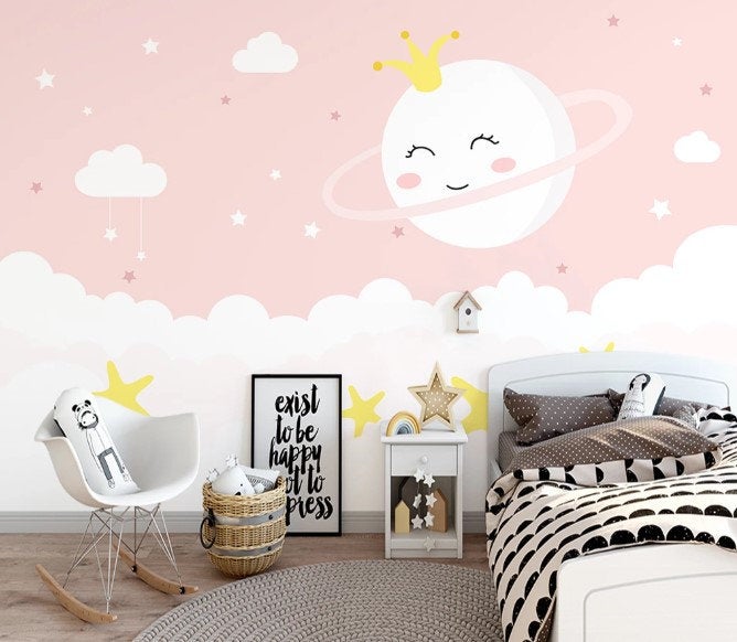 Smiling Full Moon Clouds Stars On The Pink Background Wallpaper Bedroom Children Kids Room Mural Home Decor Wall Art Removable