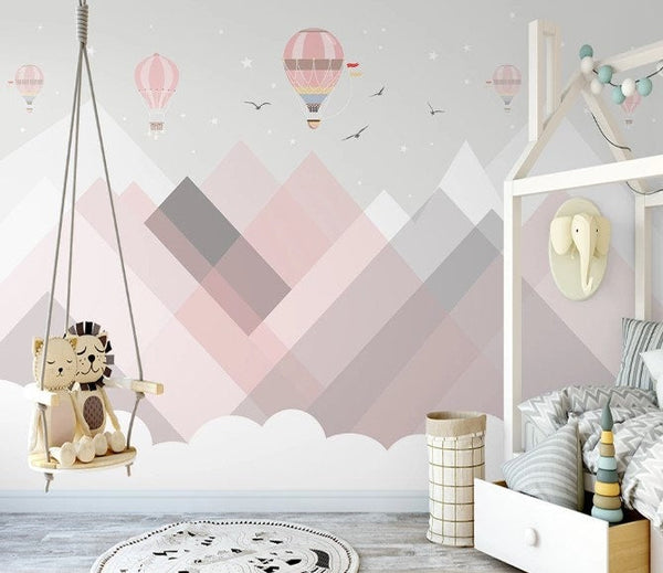 Colorful Triangle Mountains Geometric Shapes Hot Air Balloons Birds Wallpaper Bedroom Children Kids Room Mural Home Decor Wall Art Removable