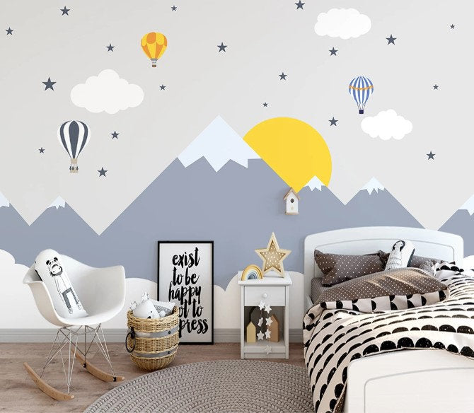 Sunset Hot Air Balloons Snowy Mountain Clouds Stars Wallpaper Bedroom Children Kids Room Mural Home Decor Wall Art Removable