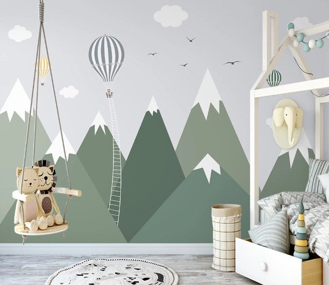 Snowy Green Mountains Hot Air Balloons Clouds Birds Wallpaper Animal Animals Bedroom Children Kids Room Mural Home Decor Wall Art Removable