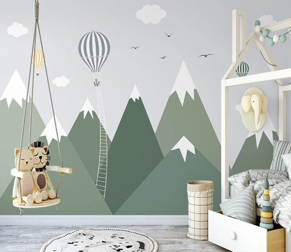 Snowy Green Mountains Hot Air Balloons Clouds Birds Wallpaper Animal Animals Bedroom Children Kids Room Mural Home Decor Wall Art Removable