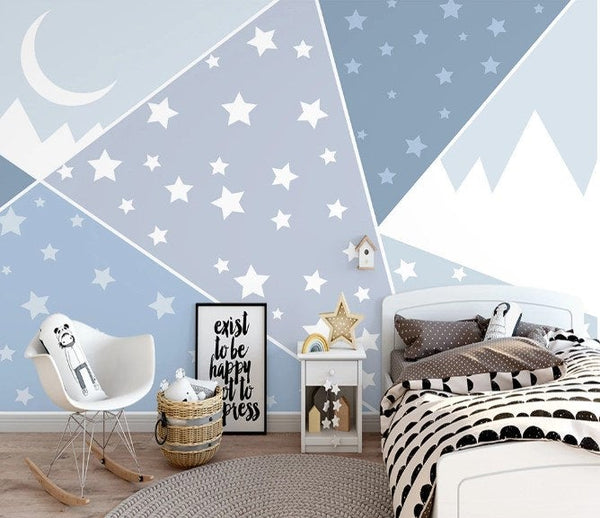 Geometric Triangle Shapes Stars Mountains Crescent Moon Wallpaper Bedroom Children Kids Room Mural Home Decor Wall Art Removable
