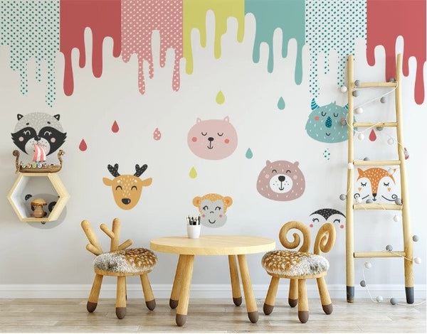 Cute Animal Faces and Watercolor Colors Wallpaper Animal Nursery Children Kids Room Mural Home Decor Wall Art