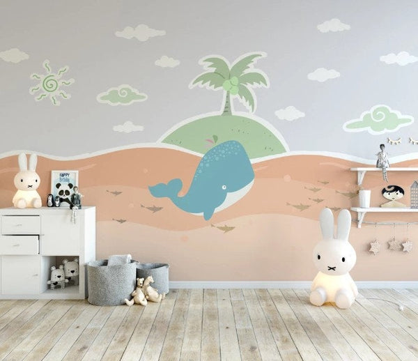 Whale Calf Fishes and Palm on The Island Wallpaper Animal Nursery Children Kids Room Mural Home Decor Wall Art