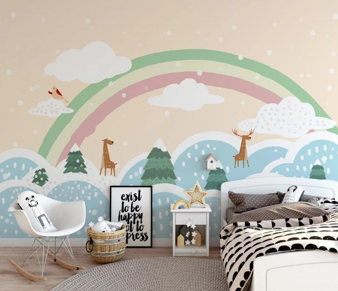 Rainbow Above The Clouds and Deer Wallpaper Animal Nursery Children Kids Room Mural Home Decor Wall Art