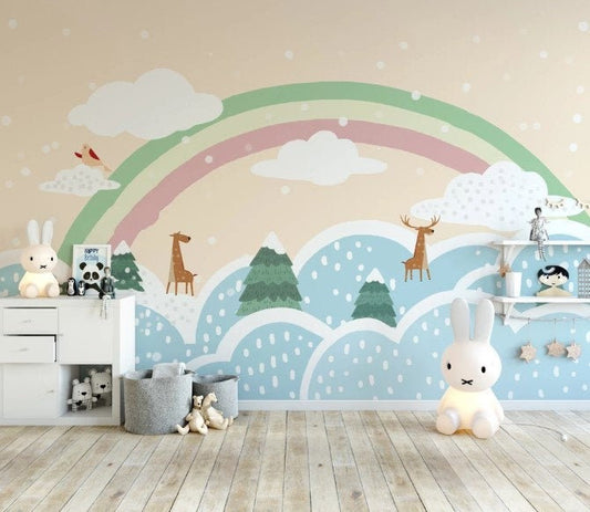 Rainbow Above The Clouds and Deer Wallpaper Animal Nursery Children Kids Room Mural Home Decor Wall Art