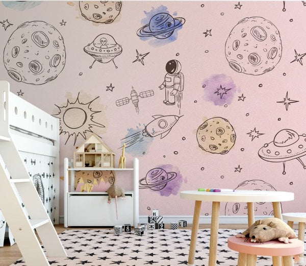 Abstract Space Objects Meteorites Astronaut Stars Planets Wallpaper Nursery Children Kids Room Mural Home Decor Wall Art