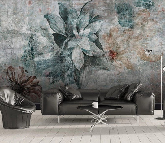 Concrete Patterned Vintage Flowers Wallpaper Background Restaurant Living Room Cafe Office Bedroom Mural Home Wall Art