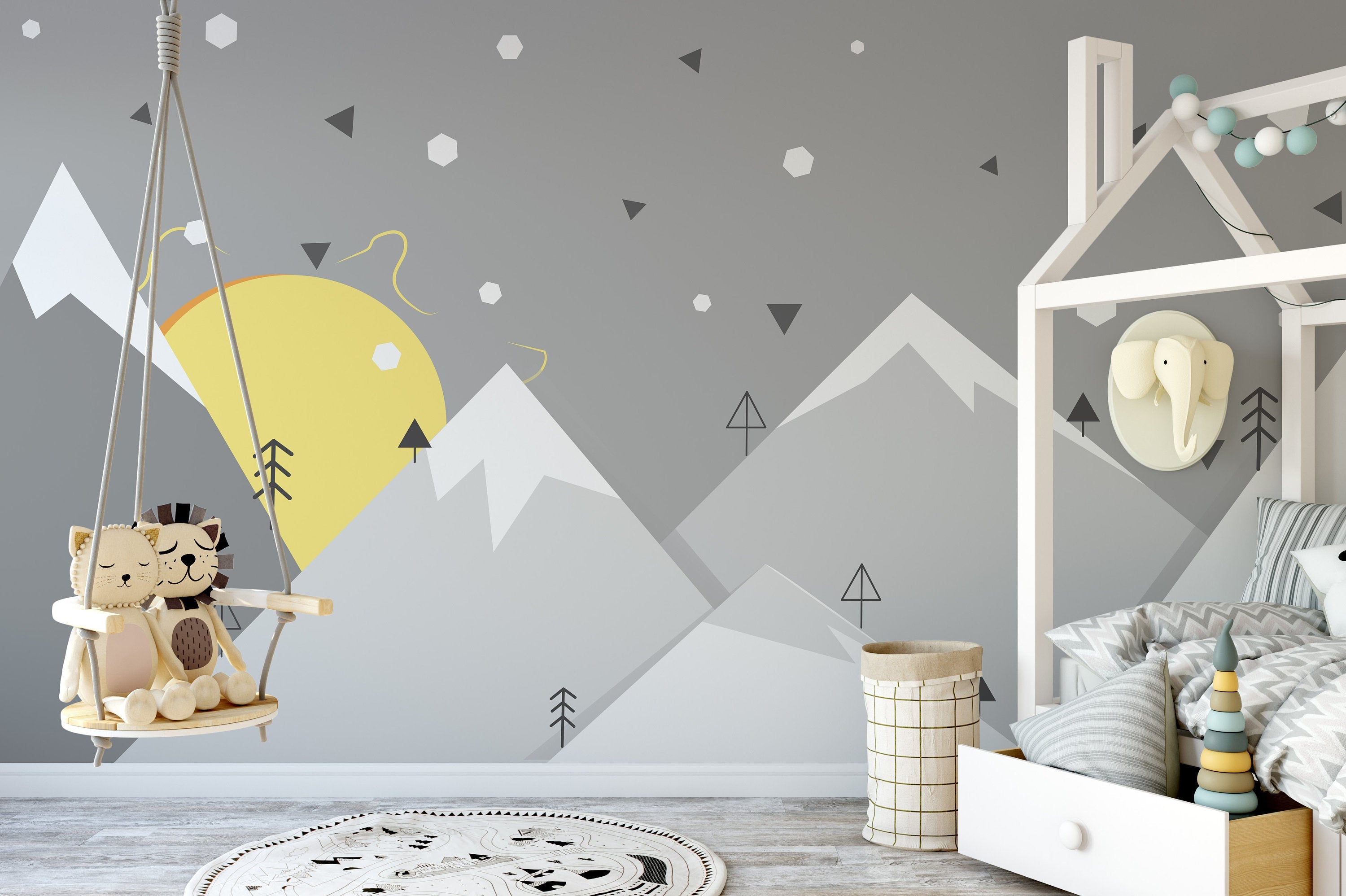 Winter Landscape with Mountains and the Sun Geometric Shapes Wallpaper Children Kids Room Wall Decor Mural Art