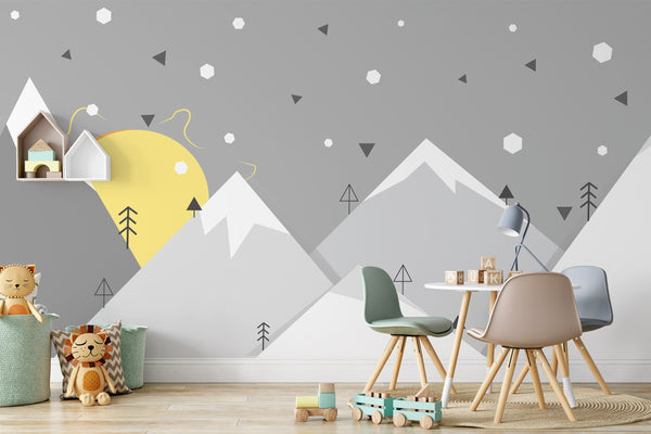 Winter Landscape with Mountains and the Sun Geometric Shapes Wallpaper Children Kids Room Wall Decor Mural Art