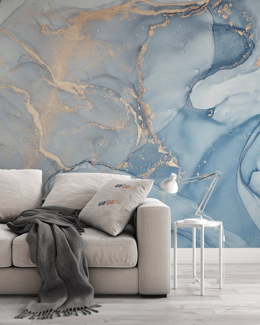 Marble Texture Abstract Blue Gold Acrylic Paints Wallpaper Cafe Restaurant Decoration Living Room Bedroom Mural Home Decor Wall Art