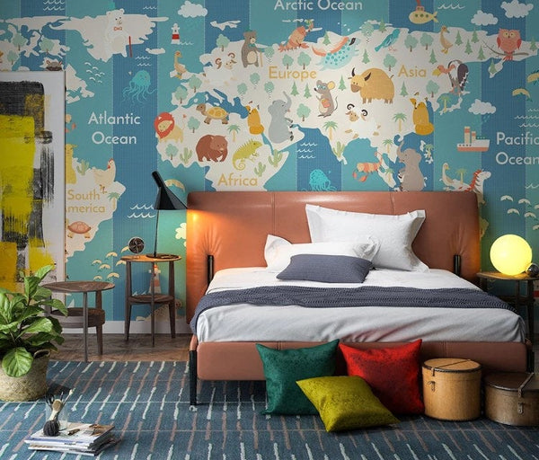 Cute Animals on the Blue Background World Map Wallpaper Animal Bedroom Children Kids Room Mural Home Decor Wall Art