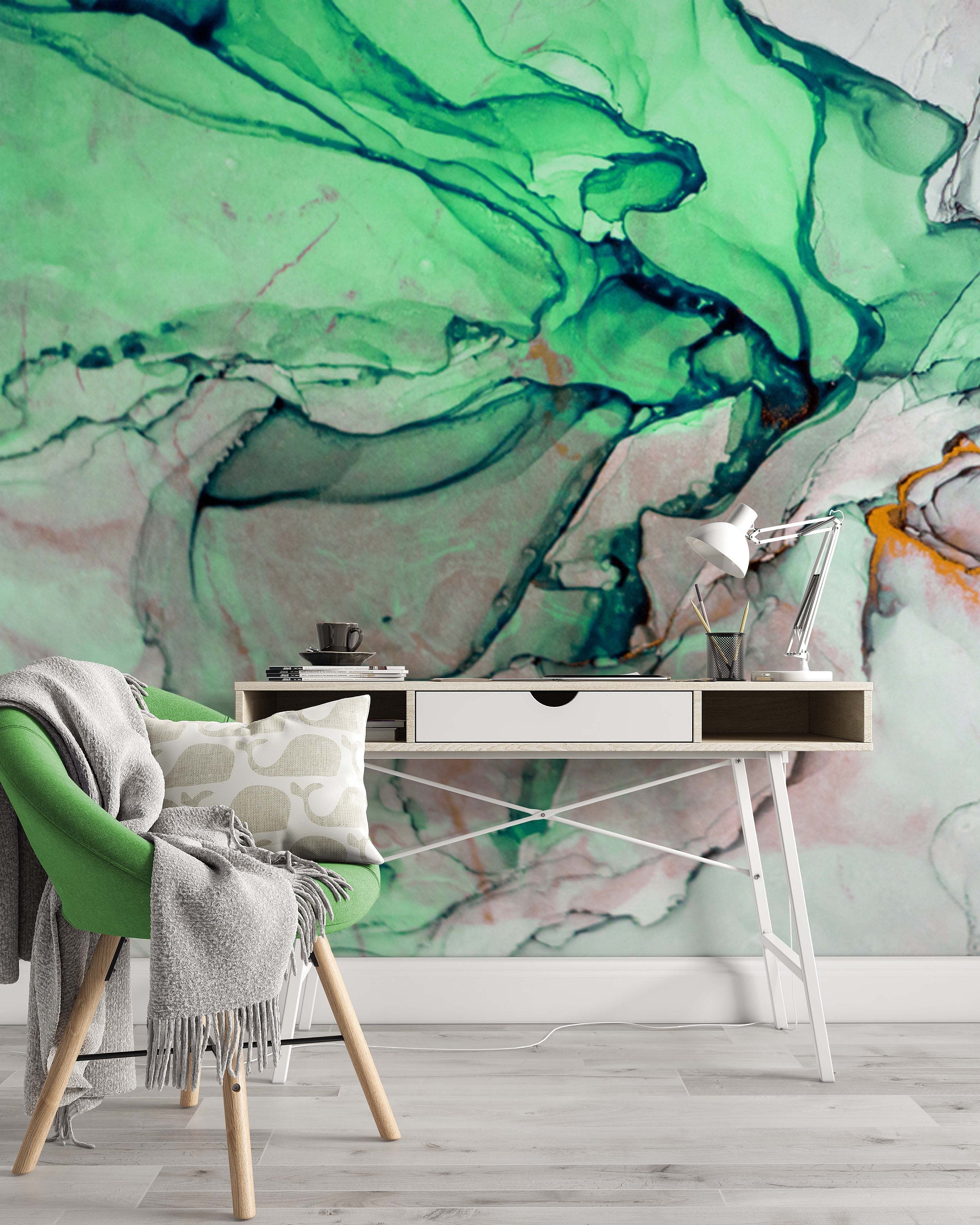 Illustration Ink Paint Abstract Oil Painting Vivid Green Wallpaper Cafe Restaurant Decoration Living Room Bedroom Mural Home Decor Wall Art