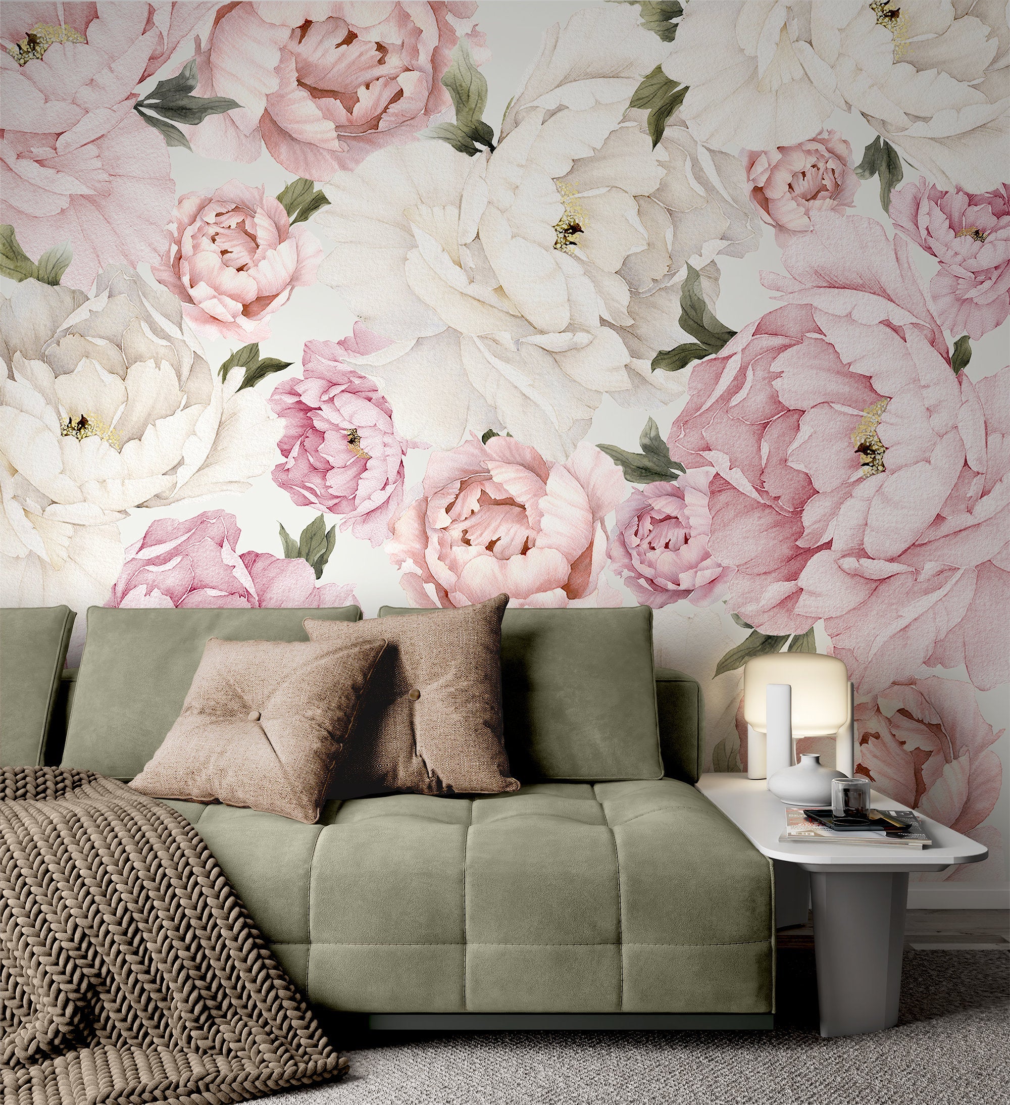 Pink and White Peony Flowers Peonies Floral Murals Wallpaper