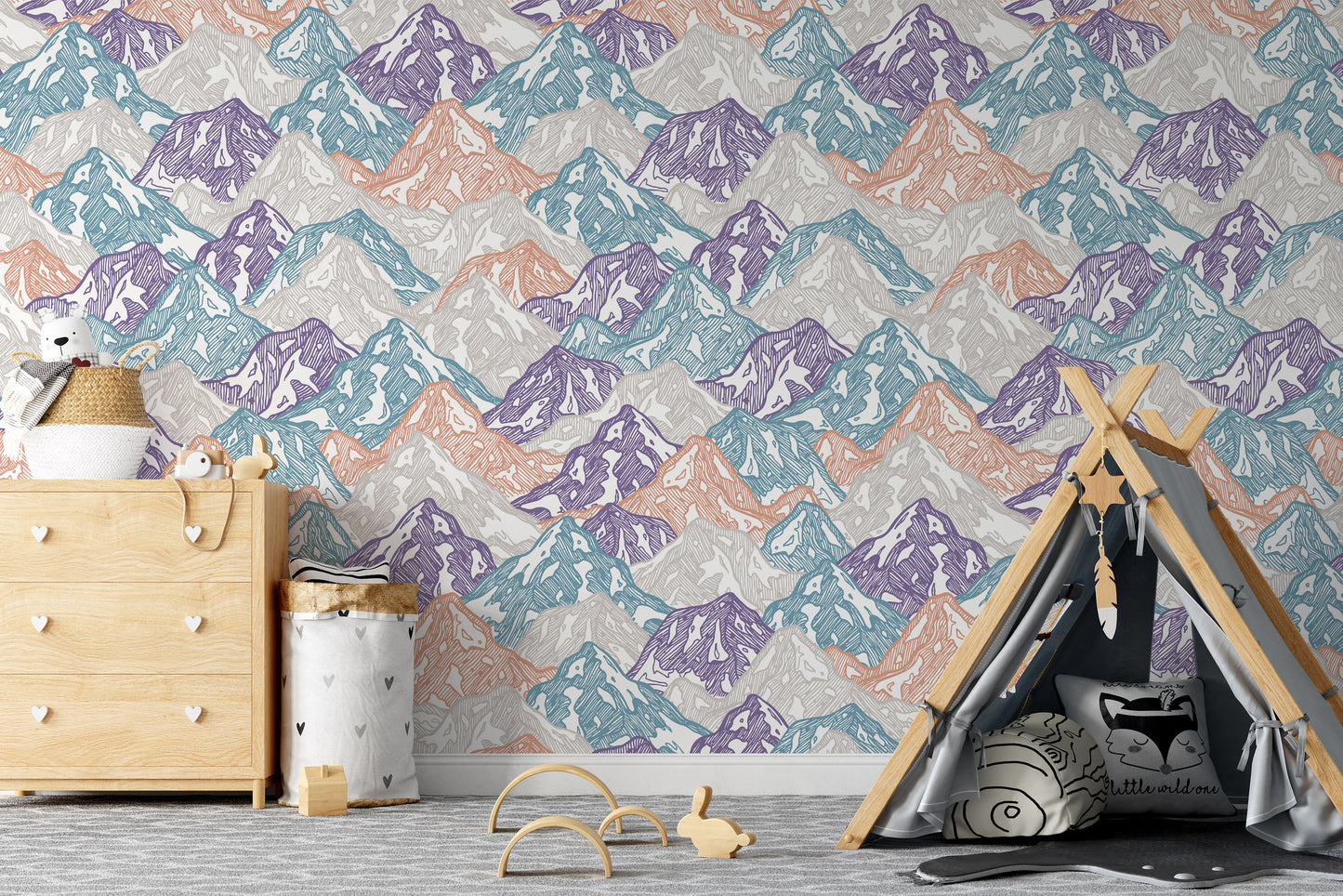Colorful Fun Snowy Mountains Abstract Illustration Wallpaper Nursery Bedroom Children Kids Room Mural Home Decor Wall Art Removable