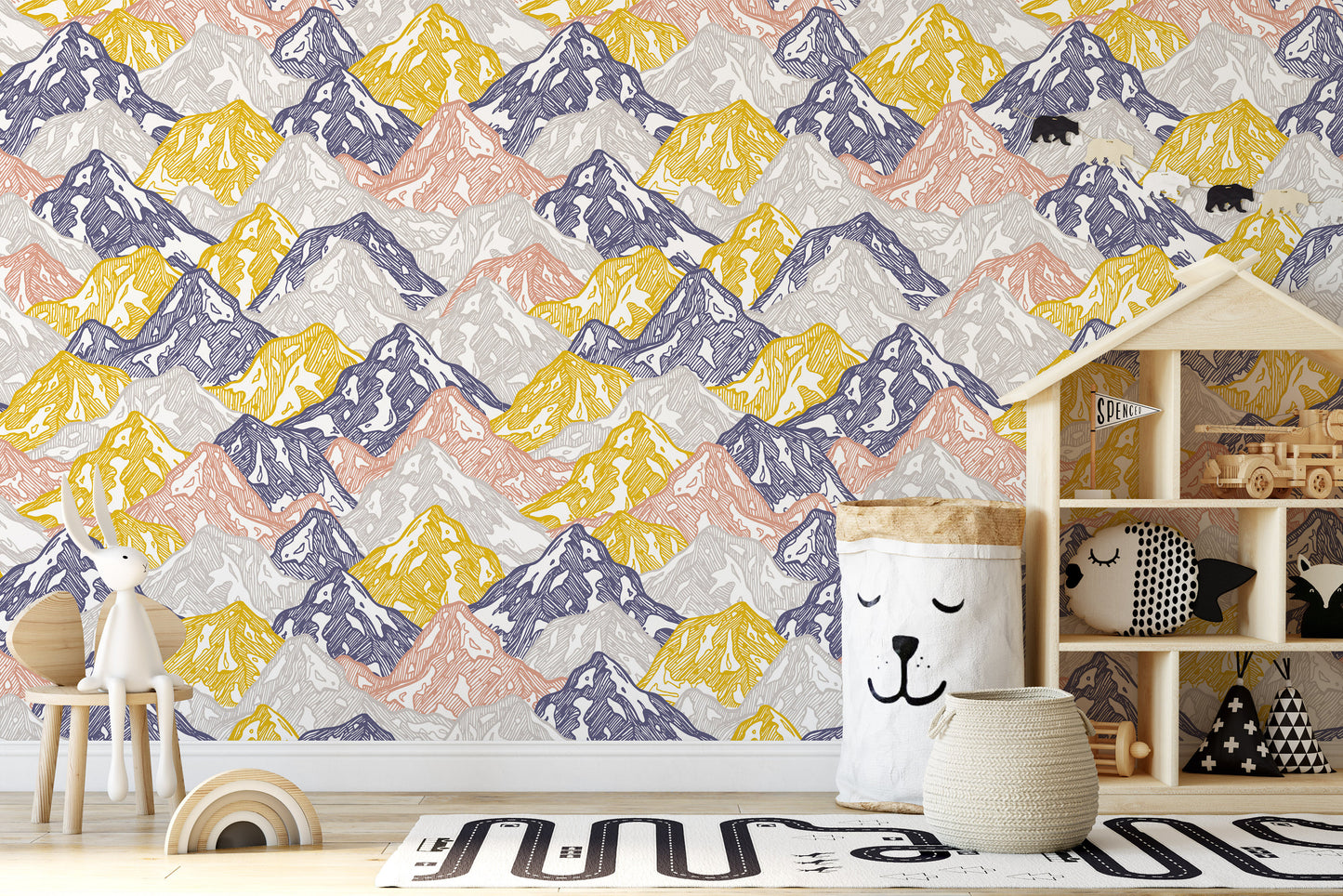 Colorful Fun Snowy Mountains Abstract Illustration Wallpaper Nursery Bedroom Children Kids Room Mural Home Decor Wall Art Removable