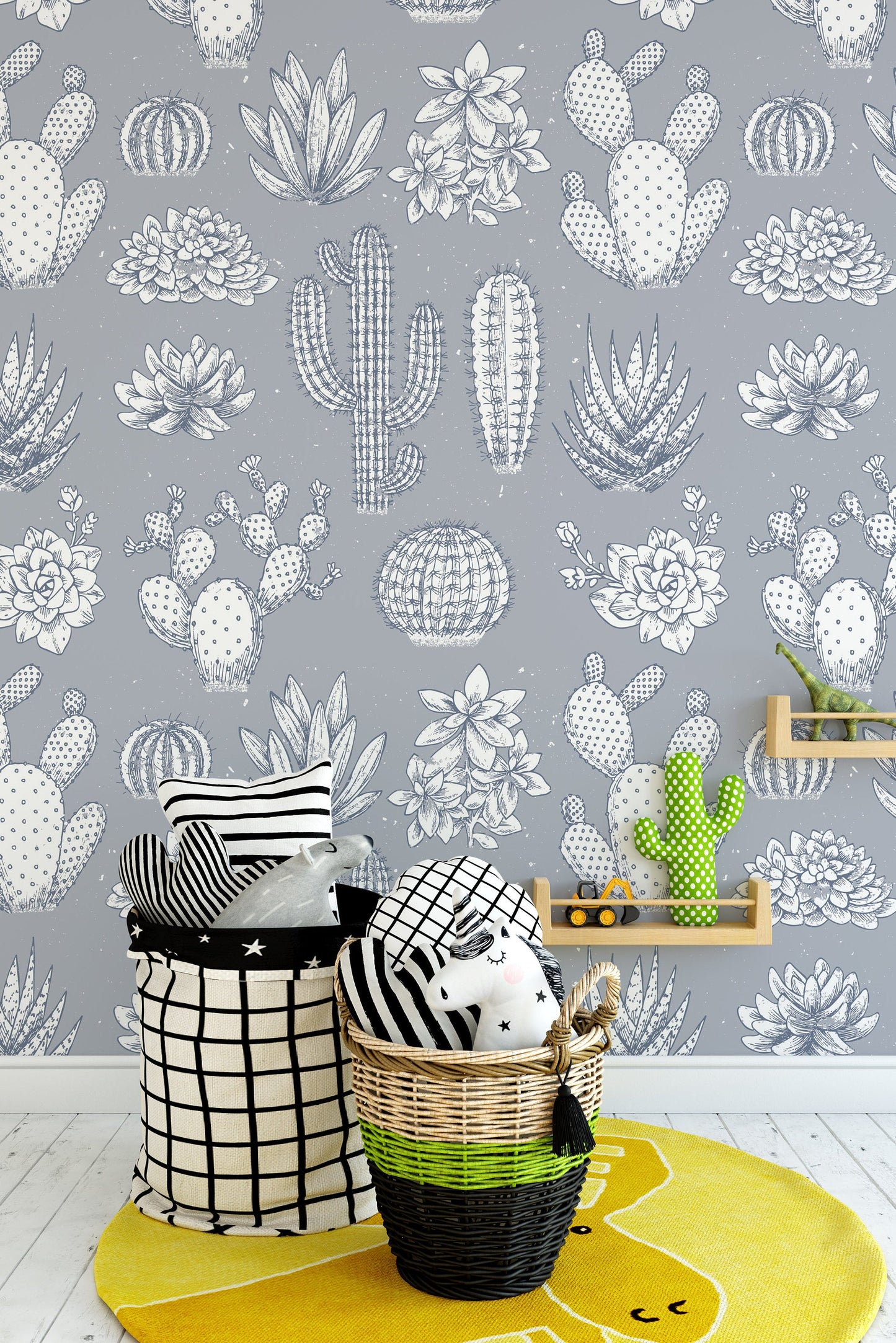Cactus Pattern Soft Color Sketch Style Illustration Wallpaper Nursery Bedroom Children Kids Room Mural Home Decor Wall Art Removable