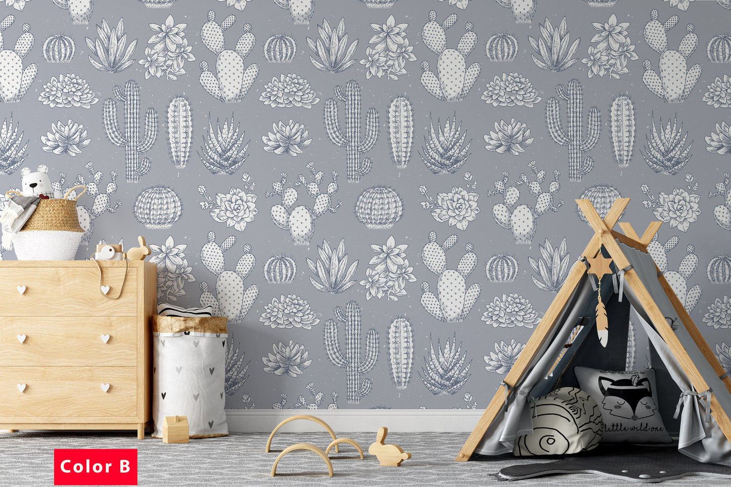 Cactus Pattern Soft Color Sketch Style Illustration Wallpaper Nursery Bedroom Children Kids Room Mural Home Decor Wall Art Removable