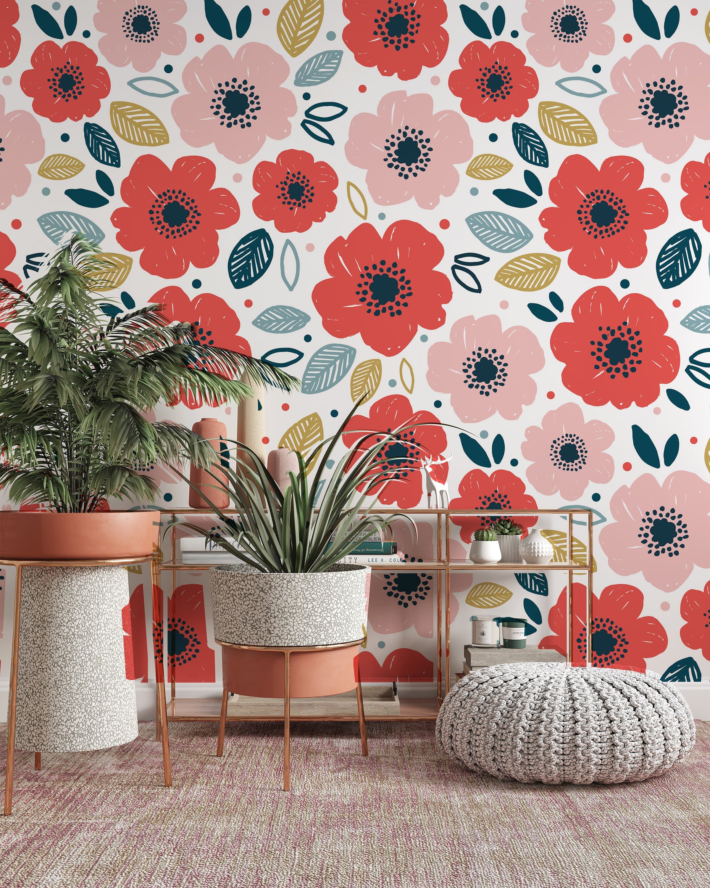 Anemone Red and Pink Flowers Leaves Background Floral Wallpaper Restaurant Living Room Bedroom Mural Home Wall Art Mural