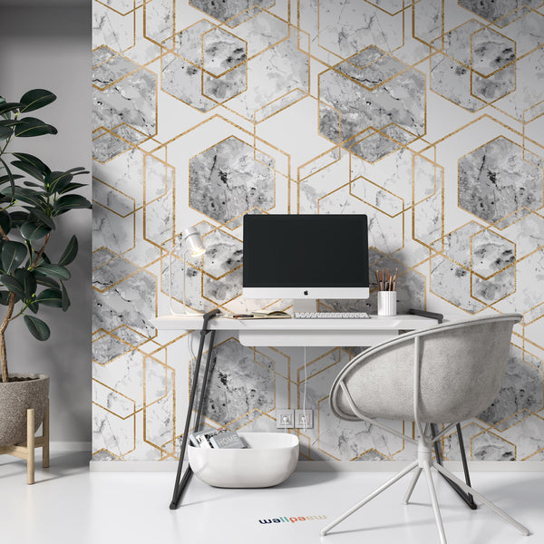 Gold Glitter Lines Marble Polygons Metallic Hexagon Abstract Geometric Wallpaper Living Room Bedroom Office Mural Home Decor Wall Art